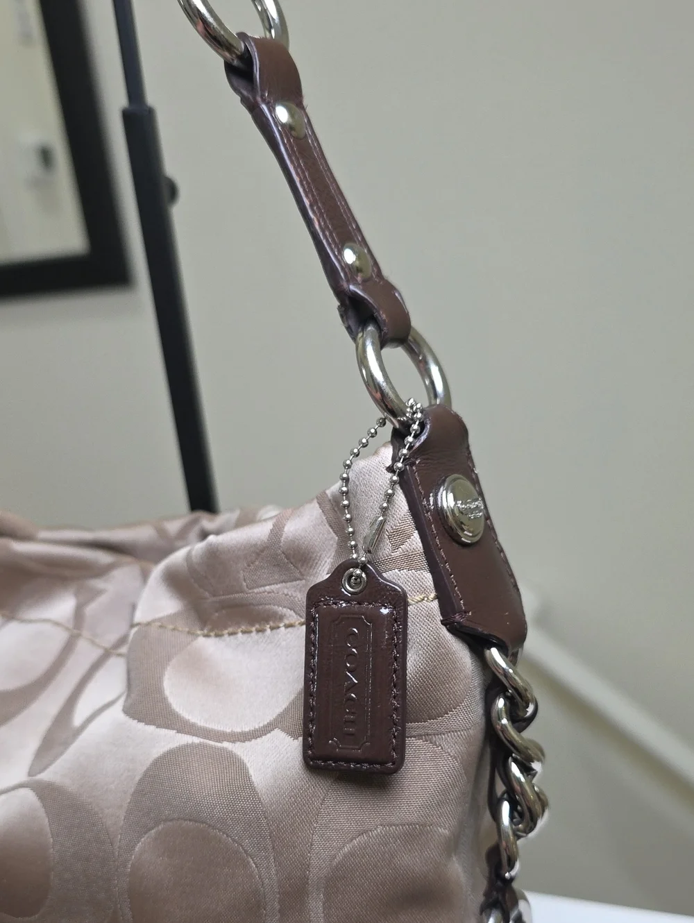 COACH F15250 Signature Khaki Fabric/Brown Leather Trim Carly Hobo GUC